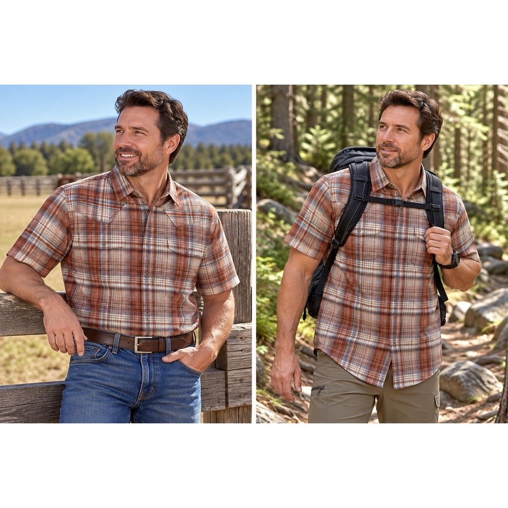 Patagonia Men Plaid Snap Short Sleeve Shirt Rust M Casual Hiking Outdoor Fishing